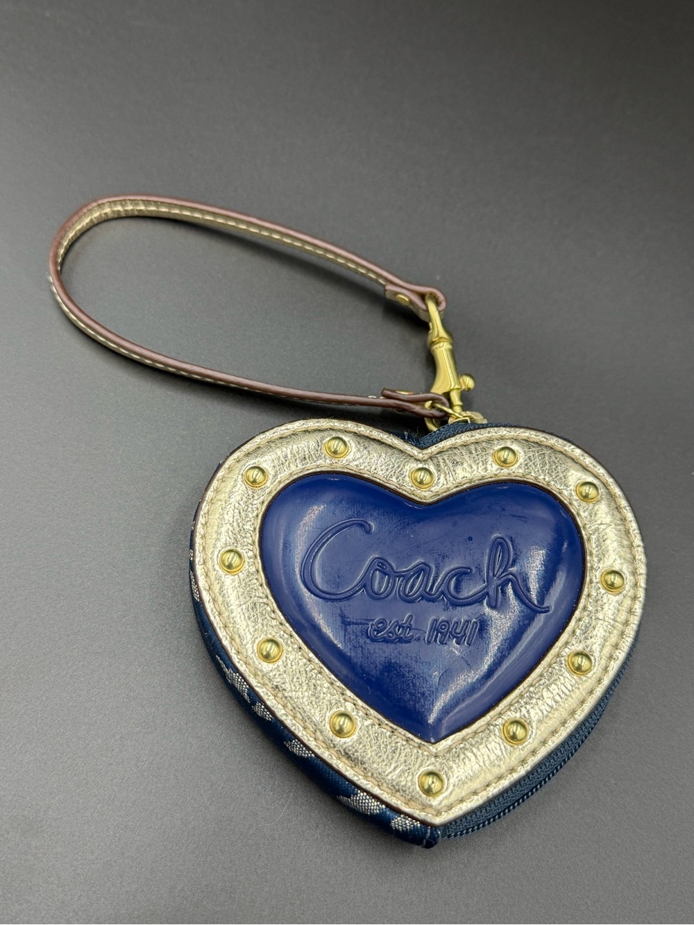Coach 1941 Poppy Script Lurex Navy Gold Heart Coin Purse Key Chain NWT